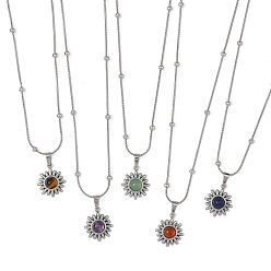 Stainless Steel Color Natural Mixed Stone 304 Stainless Steel Sun Pendant Satellite Chain Necklaces, Stainless Steel Color, 15.98 inch(40.6cm)