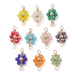 Mixed Color 10Pcs 10 Colors Electroplated Faceted Glass Copper Wire Wrapped Connector Charms, Flower Links with Golden Plated Brass Beads, Mixed Color, 21x11~12x4.5~5mm, Hole: 2~2.5mm, 1pc/style