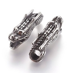 Antique Silver 304 Stainless Steel Tube Beads, Dragon Head, Antique Silver, 38x11x14mm, Hole: 7mm