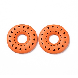 Orange Red Wood Pendants, for Earring Jewelry Making, Donut with Flower, Orange Red, 35mm