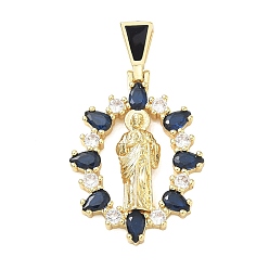 Black Religion Brass Pave Cubic Zirconia Pendants, with Enamel, Oval with Saint Jude Charms, Lead Free & Cadmium Free, Long-Lasting Plated, Rack Plating, Real 18K Gold Plated, Black, 36mm, Pendant: 29x20x4mm, Hole: 5.5x3mm