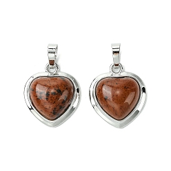 Красный Обсидиан Натурального красного дерева обсидиана подвески, подвески-сердечки со стойкой, фурнитура из латуни с платиновым покрытием, без кадмия и без свинца, без кадмия и без свинца, 23x19.5x8~9 мм, отверстие : 7x5 мм