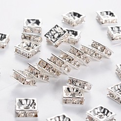Crystal Brass Rhinestone Spacer Beads, Square, Nickel Free, Silver Color Plated, Crystal, 8x8x4mm, Hole: 1mm