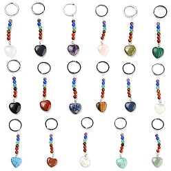 Mixed Stone Gemstone Heart Pendant Keychain, with 7 Chakra Gemstone Beads and Platinum Tone Brass Findings, 10cm