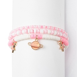 Pink 3Pcs 3 Styel Glass Seed & Polymer Clay Beaded Stretch Bracelets Set, Alloy Enamel Planet & Star Charms Stackable Bracelets for Women, Pink, Inner Diameter: 2-1/8~2-1/4 inch(5.4~5.7cm), 1Pc/style
