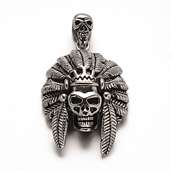 Antique Silver 304 Stainless Steel Big Pendants, Indian Skull, Antique Silver, 53x35x14mm, Hole: 12x5mm