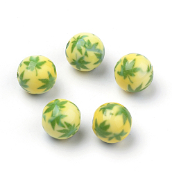 Vert Jaune Perles acryliques imprimés opaques, rond avec motif feuille de pot/feuille de chanvre, vert jaune, 11.5~12x11mm, Trou: 2.5mm