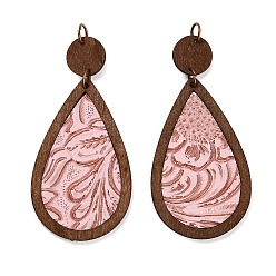 Pink Большие подвески из дерева и кожи, слезинки, розовые, 80.5x36.5x3.5 мм, отверстие : 5 мм