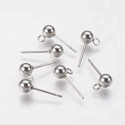 Stainless Steel Color 202 Stainless Steel Ball Stud Earring Findings, with 304 Stainless Steel Pins and Loop, Round, Stainless Steel Color, 16mm, Hole: 1.6mm, Pin: 0.7mm