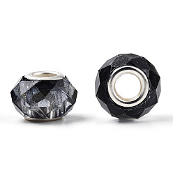 Black Transparent Resin European Beads, Imitation Crystal, Two-Tone Large Hole Beads, with Silver Tone Brass Double Cores, Faceted, Rondelle, Black, 14x8.5mm, Hole: 5mm