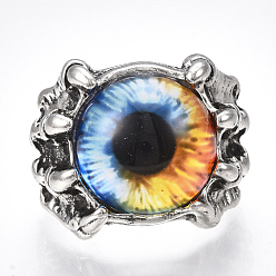 Colorful Adjustable Alloy Glass Finger Rings, Wide Band Rings, Dragon Eye, Colorful, Size 10, 20mm