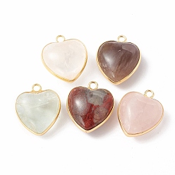 Mixed Stone Natural Mixed Stone Pendants, with Golden Plated Brass Findings, Heart Charms, 18~19x15~17x7~10mm, Hole: 2mm