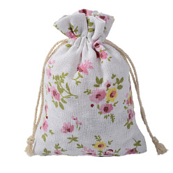 Flower Linenette Drawstring Bags, Rectangle, Flower Pattern, 18x13cm