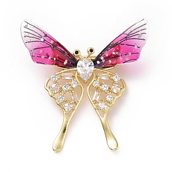 Fuchsia Resin Butterfly Lapel Pin with Clear Cubic Zirconia, Real 18K Gold Plated Brass Badge with Loop for Jewelry Pendant, Cadmium Free & Lead Free, Fuchsia, 49x47x5mm