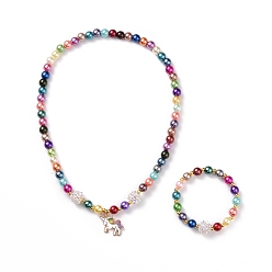 Mixed Color Unicorn Theme Bracelets & Necklaces Sets for Kids, Acrylic Beaded Stretch Bracelets & Alloy Enamel Pendant Necklaces, Mixed Color, Necklace: 17.32 inch(44cm), Bracelet: 1-3/4 inch(4.4cm)
