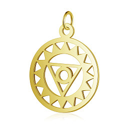 Golden 201 Stainless Steel Pendants, Chakra, Visuddha, Flat Round with Triangle, Golden, 22.5x19x1mm, Hole: 3mm