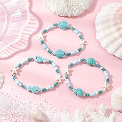 Turquoise 3Pcs Synthetic Turquoise & Porcelain & Dyed Natural Howlite Beads Stretch Bracelets for Women, Turtle & Starfish & Fish, with Electroplate Non-magnetic Synthetic Hematite Beads, Inner Diameter: 2-1/8 inch(5.5cm)