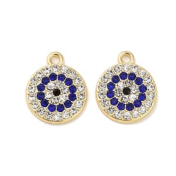 Royal Blue Golden Alloy Pendants, with Rhinestone, Long-Lasting Plated, Flat Round with Evil Eye, Royal Blue, 19x16x2.5mm, Hole: 2mm