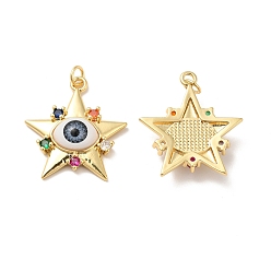 Gray Brass Micro Pave Colorful Cubic Zirconia Pendants, with Resin, Real 18K Gold Plated, Star with Evil Eye, Gray, 32x29.5x7mm, Jump Ring: 6x1mm, Inner Diameter: 4mm