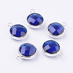 Blue Silver Color Plated Brass Glass Flat Round Charms, Faceted, Blue, 12x8.5x3mm, Hole: 1.5mm