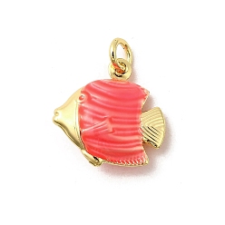 Pink Латунь эмаль подвески, рыбы прелести, без свинца и без кадмия, долговечный, стойки покрытие, реальный 18 k позолоченный, розовые, 18x17.5x6.5 мм, отверстие : 3.5 мм