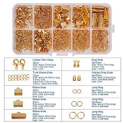 Golden PandaHall Elite Jewelry Findings Sets, with Iron Folding Crimp Ends & Ribbon Ends & Jump Rings & Twisted Chains, Alloy End Piece and Brass Lobster Claw Clasps, Golden, 5~55x2.5~8x0.7~5mm, Hole: 1~2mm