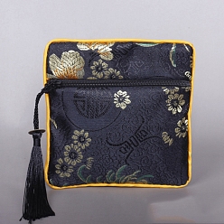 Slate Gray Square Chinese Style Cloth Tassel Bags, with Zipper, for Bracelet, Necklace, Slate Gray, 11.5x11.5cm