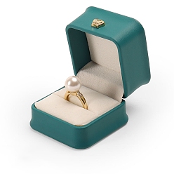 Teal Crown Square PU Leather Ring Jewelry Box, Finger Ring Storage Gift Case, with Velvet Inside, for Wedding, Engagement, Teal, 5.8x5.8x4.8cm