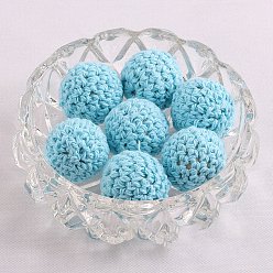 Cyan Handmade Woolen Macrame Wooden Pom Pom Ball Beads, for Baby Teether Jewelry Beads DIY Necklace Bracelet, Cyan, 16mm