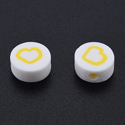 Gold Handmade Polymer Clay Beads, Flat Round with Heart, Gold, 9~9.5x4~5mm, Hole: 1.6mm