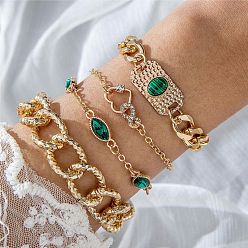 Rectangle Glass Rhinestone Link Bracelets Set, with Alloy Link Chains, Rectangle, 6-3/4 inch(17cm), 4pcs/set