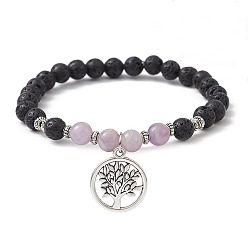 Amethyst Natural Lava Rock & Natural Amethyst Gemstone Round Beaded Stretch Bracelet, with Alloy Tree of Life Charms, Inner Diameter: 2-1/2 inch(6.5cm)