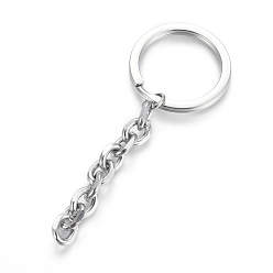 Stainless Steel Color Polishing 304 Stainless Steel Split Key Rings, Keychain Clasp Findings, with Extended Cable Chains, Stainless Steel Color, 84mm, Key Rings: 30x2.8mm
