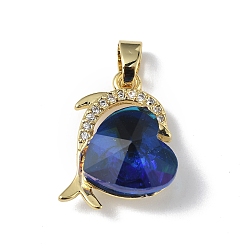 Dark Blue Real 18K Gold Plated Rack Plating Brass Micro Pave Clear Cubic Zirconia Pendants, with Glass, Long-Lasting Plated, Cadmium Free & Lead Free, Dolphin with Heart Charm, Dark Blue, 20.5x17x8mm, Hole: 5.5x3.5mm
