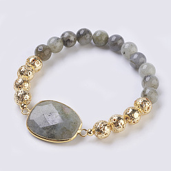Labradorite Electroplated Natural Lava Rock and Natural Frosted Amazonite Stretch Bracelets, Round & Trapezoid, Golden, 2.08 inch(5.3cm) links: 33x21x7.5mm.
