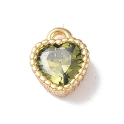 Yellow Green Brass Charms, with Glass, Heart Charm, Real 18K Gold Plated, Yellow Green, 8x6x3mm, Hole: 1mm