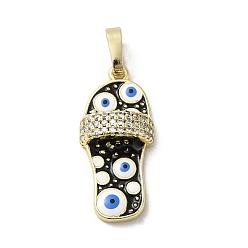 Black Brass Micro Pave Cubic Zirconia Pendants, with Enamel, Real 18K Gold Plated, Slipper
 with Evil Eye, Black, 23x10.5x5mm, Hole: 3.5x5.5mm