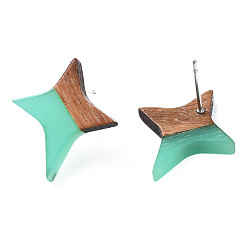 Medium Sea Green Transparent Resin & Walnut Wood Stud Earrings, with 304 Stainless Steel Pin, Star, Medium Sea Green, 21x17~18mm, Pin: 0.7mm