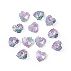 Old Rose Transparent Faceted Glass Charms, Heart, Old Rose, 14x14x7.5mm, Hole: 1.6mm