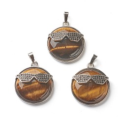 Tiger Eye Natural Tiger Eye Pendants, with Platinum Tone Brass Findings, Flat Round with Glasses, 32~32.5x27.5x9mm, Hole: 6.5x5mm