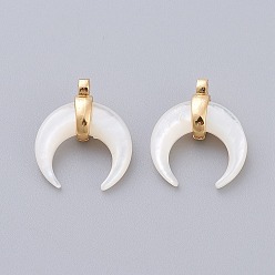 White Shell Natural White Shell Mother of Pearl Shell Pendants, with Golden Plated Brass Findings, Double Horn/Crescent Moon, 15.5x13x5.3mm, Hole: 1.5mm