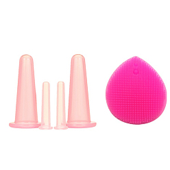 Pink 4 Набор для силиконовой баночной терапии, с щеткой для лица 1pc, баночки массажные для мышц бытовая физиотерапия и косметика, розовые, 15~80x50~80 мм, 5 шт / комплект
