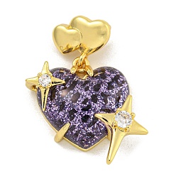 Средний Фиолетовый Стойки обшивки латунь кубического циркония подвески, cmолой, долговечный, без свинца и без кадмия, сердце, реальный 18 k позолоченный, средне фиолетовый, 34x26x10 мм, отверстие : 3x4 мм