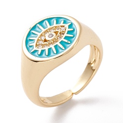 Dark Turquoise Brass Micro Pave Clear Cubic Zirconia Cuff Rings, with Enamel, 0val with Evil Eye, Real 18K Gold Plated, Dark Turquoise, US Size 5, Inner Diameter: 16mm