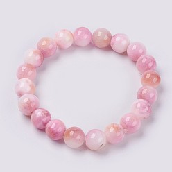 Pink Natural Jade Beaded Stretch Bracelet, Dyed, Round, Pink, 2 inch(5cm), beads: 6mm