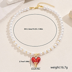 Красный Ожерелья с подвеской в виде сердца из круглой ракушки с жемчужными бусинами из латуни и красной эмали для женщин, золотые, сладкий романтический подарок, красные, золотые, 15.55 дюйм (39.5 см)