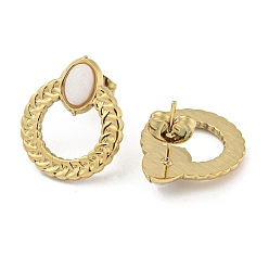 White Jade Real 18K Gold Plated 304 Stainless Steel Ring Stud Earrings, with Natural White Jade, Ion Plating(IP), 18.5x15.5mm