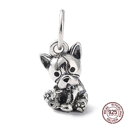 Antique Silver 925 Sterling Silver Charms, 3D Dog Charm, French Bulldog Charm, with Jump Ring, Antique Silver, 14x9x8mm, Hole: 6mm