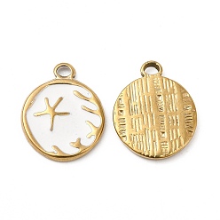 White Vacuum Plating 201 Stainless Steel Enamel Pendants, Real 18K Gold Plated, Flat Round with Starfish Charm, White, 19x15x2mm, Hole: 2.6mm