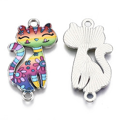 Colorful Printed Alloy Kitten Links connectors, with Enamel, Cartoon Cat, Platinum, Colorful, 29.5x16.5x2mm, Hole: 1.8mm